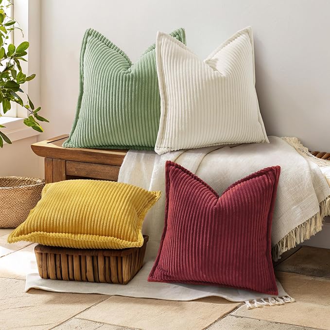 decorUhome Summer Corduroy Burgundy Throw Pillow Covers 16x16 Set of 2 Decorative Soft Boho Farmhouse Couch Pillow Covers for Living Room Bed Sofa Broadside Striped Pillow Cases