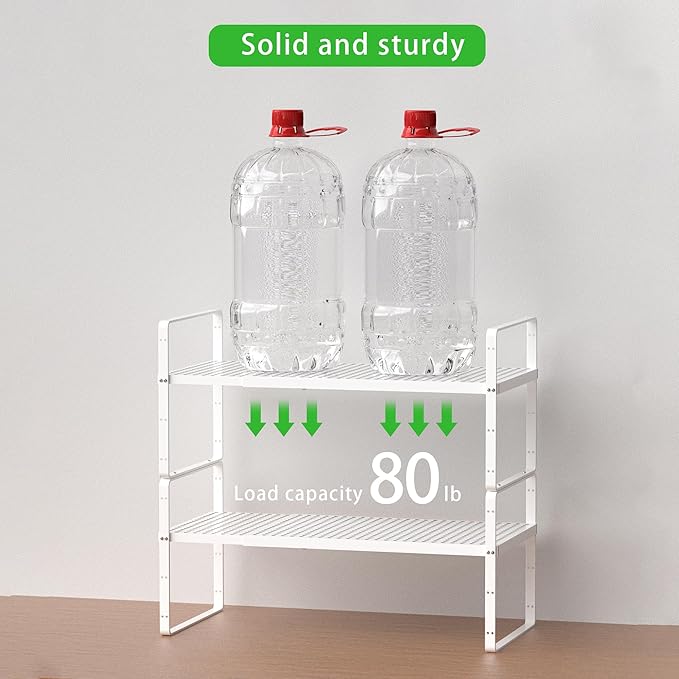 Expandable Cabinet Storage Shelf Stackable Organizer Rack for Kitchen Bathroom Pantry Spice Cupboard Coffee Countertop Home Office Desk Heavy Duty Nonslip White Large 2 Packs