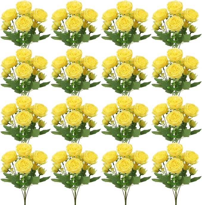 16 Pack Yellow Peonies Artificial Flowers, Fake Silk Hydrangea Bouquet for Bridal Wedding Home Table Decor Reusable Dining Opening Ceremony Birthday Arrangement Faux Floral