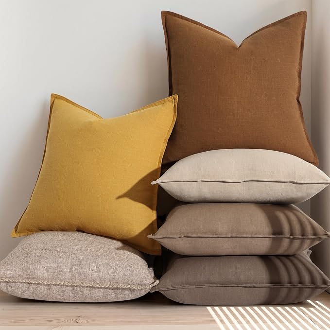 decorUhome Fall Decorative Linen Euro Sham Throw Pillow Covers 26x26 Inch Set of 2 Brick Neutral Pillow Covers with Flange Edges Soft Farmhouse Boho Accent Pillow Cases for Couch Bed Living Room