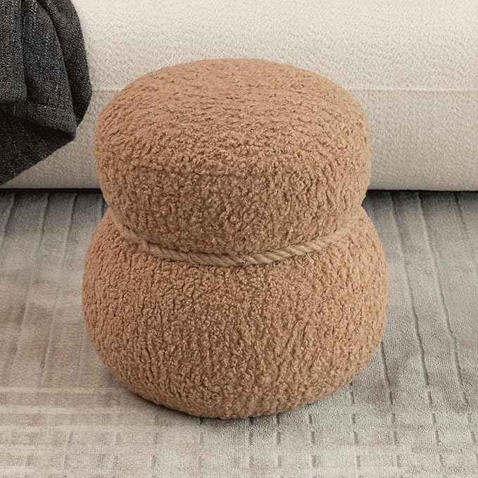 14.56" Snowman Shape Ottoman, Small Foot Stool, Cute Teddy Pouf Footrest, Foot Rest for Couch Sofa, Modern Soft Round Boucle Ottoman Under Desk for Living Room,Apartment,Small Space (Brown)
