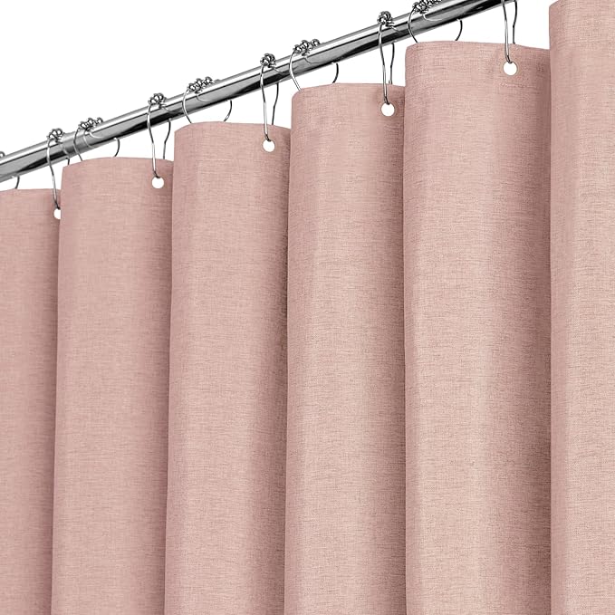 BTTN Stall Fabric Shower Curtain - 36x72 Inch Narrow Linen Textured Heavy Duty Shower Curtain Set with 6 Plastic Hooks, Half Neutral Minimalist Waterproof Shower Curtains for Bathroom - Blush Pink