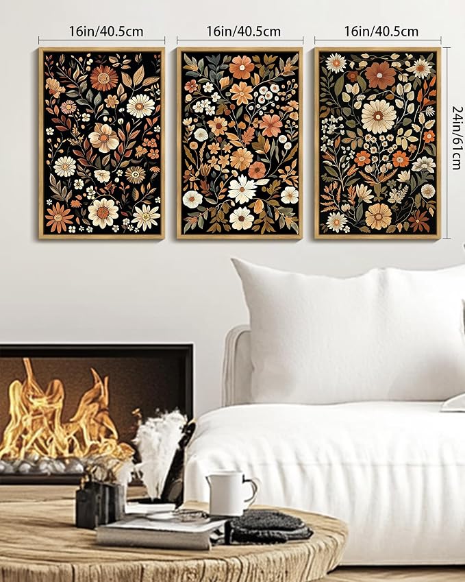 KUVIOKE Orange Vintage Flower Framed Wall Art Boho Floral Wall Decor Retro Wildflower Modern Art Prints for Living Room Bedroom 16x24in (Natural Framed)