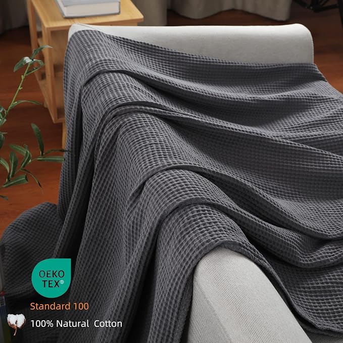 100% Cotton Waffle Blanket (Dark Grey - Twin Size - 66 * 90''), Pre-Washed and Anti-Shrinkage Soft Lightweight Bed & Couch Blanket, 380 GSM Waffle Weave Throw Blanket for All Seasons