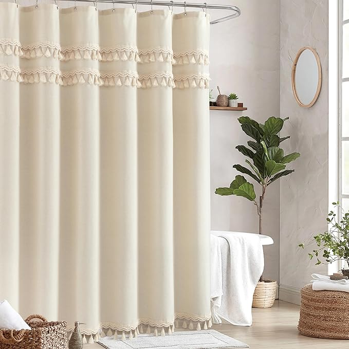 Linen Shower Curtain Boho Beige Shower Curtains for Bathroom 72 x 72 Inch Cloth Shower Curtain with Luxury Tassels Neutral Farmhouse Bath Decor Medieval Vintage Bath Curtains