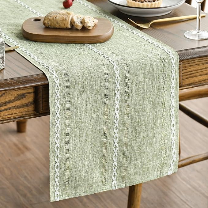 Artoid Mode Sage Green Rustic Cotton Linen Table Runner, Seasonal Embroidered Hollow Kitchen Dining Table Decoration for Home Party Decor 13x72 Inch