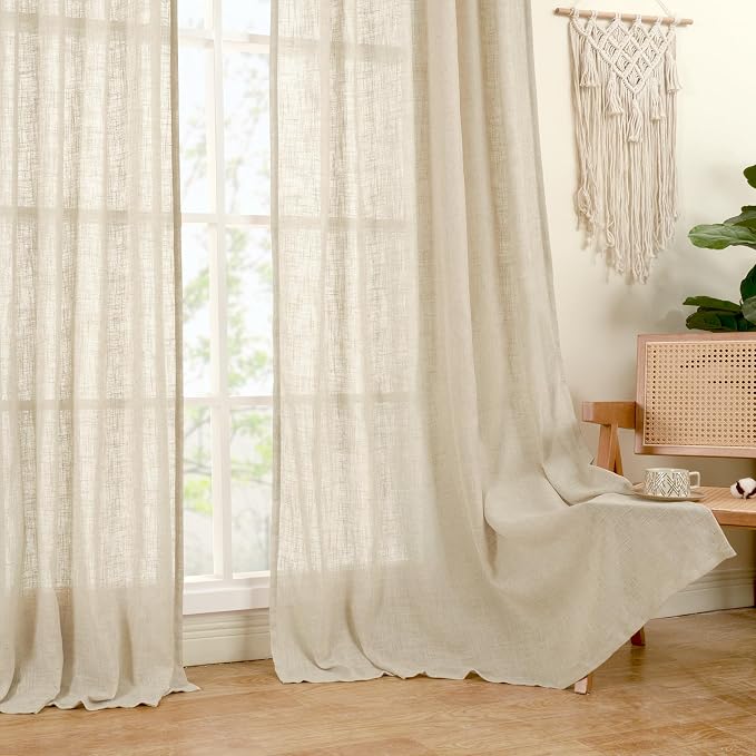 LAMIT Linen Curtains 45 Inch Length 2 Panels Set for Bedroom, Light Filtering Semi Sheer Neutral Short Decorative Window Drapes with Bronze Grommet for Kitchen, 52 X 45 Inch, Linen