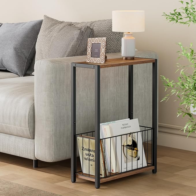 Homleke Narrow Side Table with Magazine Holder, Skinny End Table Perfect for Small Spaces, Space-Saving Design for Living Room, Bedroom, or Office, 7.1" D x 16.9" W x 23.6" H, Rustic Walnut