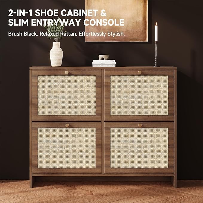 Nicetree Shoe Cabinet Storage for Entryway, 4-Flip Drawer Narrow Shoe Rack with Adjustable Shelves, Boho Modern Square Rattan Shoe Organizer, Slim Wood Storage Cabinets for Small Spaces Fits Size 13.5