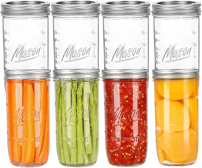 24 oz Wide Mouth Mason Jars - Canning Jars with Metal Airtight Lids and Bands, 24 ounce Mason Glass Jars for Fermenting, Pickling, Meal Prep, Overnight Oats, Jam, Jelly, DIY Projects (8 pack)