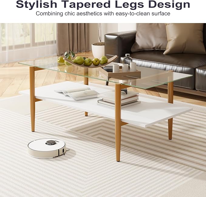 Furnify Glass Coffee Table, Rectangle Living Room Center Table with Golden Legs, Mid-Century Modern Accent Tables with Open Shelf for Living Room, Office, White