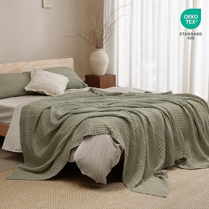 PHF 100% Cotton Waffle Weave Blanket Queen Size for Bed, Soft Lightweight & Breathable for Spring and Summer, All-Season Comfort, Luxury Aesthetic Blanket for Home Decor, 90"x90", Dusty Sage