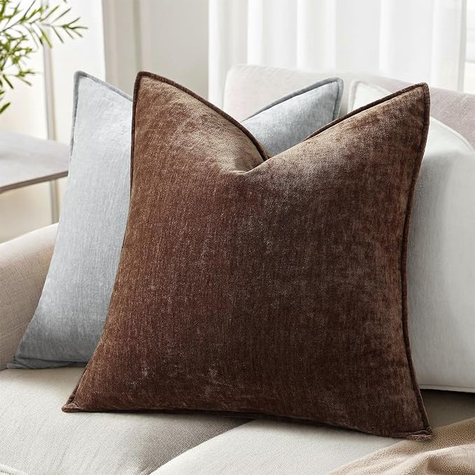 decorUhome Summer Couch Euro Sham Throw Pillow Covers 24x24 Set of 2, Decorative Soft Velvet Modern Cozy Chenille Pillow Cases with Elegant Design for Sofa Bed Living Room Home Decor, Dark Brown