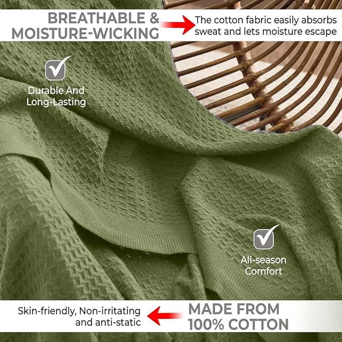 100% Cotton Blankets for Bed - Waffle Weave Blankets for Summer, Lightweight and Breathable Soft Woven Blanket for Spring (Olive Green, King (90" x 108"))