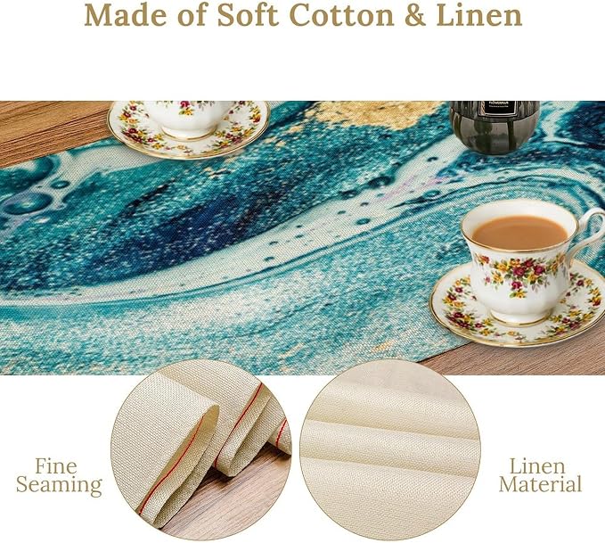 Teal Blue Marble Table Runner,Marble Teal Gold Liquid Luxury Texture Pattern Table Runner for Coffee Table Dining Room Table Bedroom Party Holiday Decor 13x60inch