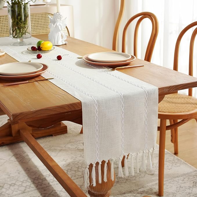 Rustic Farmhouse Style Linen Table Runner, Boho Handmade Fringe Braided Stripe Table Runners 48 Inches Long for Holiday Party, Wedding and Dining Decorations, 13 x 48 inch - Ivory