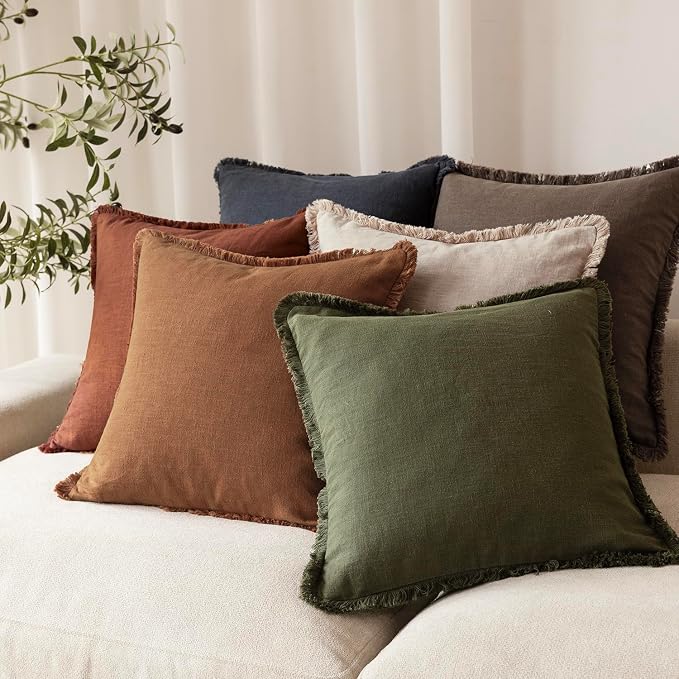 Foindtower Set of 2 Decorative Linen Fringe Lumbar Throw Pillow Covers Farmhouse Cushion Cover with Tassels Soft Accent Pillowcase for Couch Sofa Bed Living Room Home Decor,12×20 Inch,Orange Brown