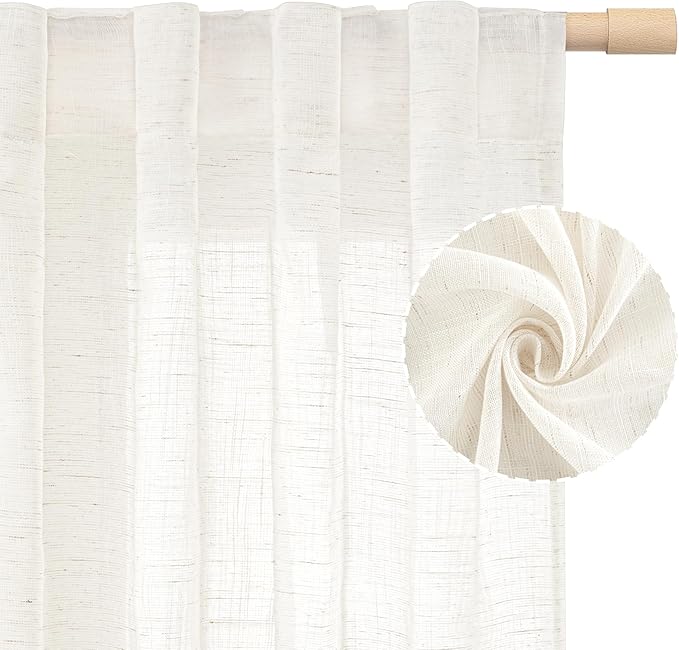 LAMIT Linen Semi Sheer Curtains 96 Inches Long 2 Panels, Vertical Light Filtering Drapes Back Tab and Rod Pocket Floor to Ceiling Curtains for Living Room/Sliding Glass Door/Bedroom, 52 x 96 Inch