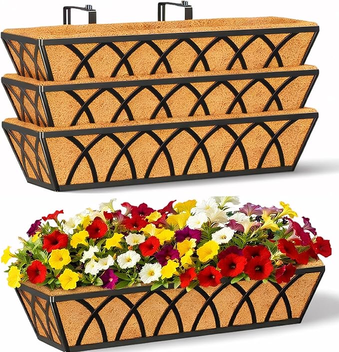 24 Inch Railing Planter Box with Coco Liner, Adjustable Metal Window Box, Hanging Flower Planter Outdoor, for Balcony Deck Fence Garden, Black, Set of 4