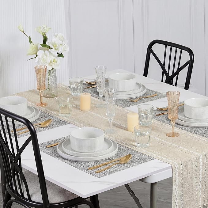 E-far Stoneware Dinnerware Sets for 2, 6-Piece Plates and Bowls Sets, Chip & Scratch Resistant Ribbed Dish Set for Home Restaurant, Microwave & Dishwasher Safe, Speckled White