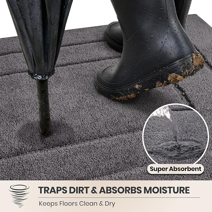 PURRUGS Dirt Trapping Door Mat 32" x 70", Non-Slip/Skid Machine Washable Entryway Rug, Dog Doormat, Super Absorbent Welcome Mat for Muddy Wet Shoes and Paws, Grey