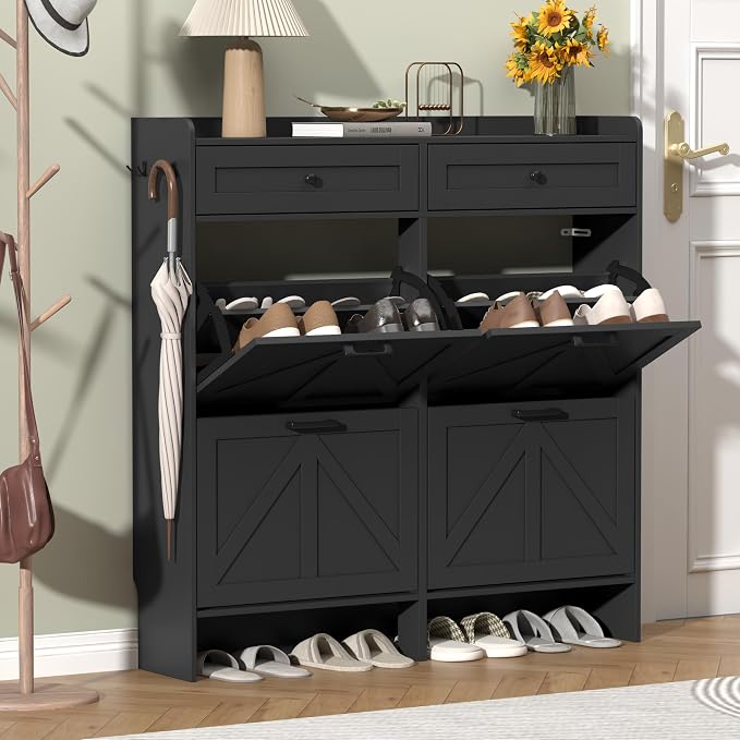 Thacuok Shoe Cabinet with 4 Flip Drawers & 2 Storage Drawers, Rustic Farmhouse Narrow Shoe Organizer Cabinet, Slim Shoe Rack Cabinet, Shoe Storage Cabinet for Entryway, Hallway, Front Door