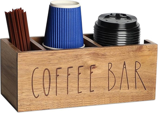 Acacia Wood Station Organizer,Coffee Station Organizer for Cup Lid Stirrers Pod, Disposable Coffee Cup Holder, Farmhouse Accessories Decor, Brown Labeled "COFFEE BAR"