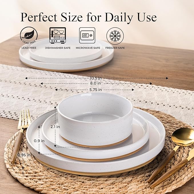 AmorArc Ceramic Dinnerware Set for 6 | Speckled Stoneware Plates and Bowls with Rustic Terracotta Underside| Scratch Resistant,Dishwasher & Microwave Safe Dishes Sets- 18pcs White