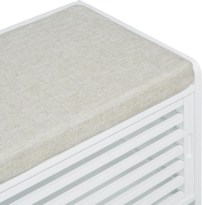 Ball & Cast 43.3" Wood Frame Entryway Storage Bench w/Shutter-Style Sliding Door & Shelf, Modern Shoes Rack Cabinet Benches with Movable Upholstered Seat for Living Room Bedroom Hallway, White