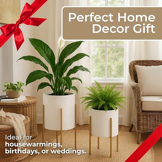 Decorative Flower Pots with Metal Stand for Home Decor - Modern Planters for Hallway, Entryway, and Living Room Decor - Indoor and Outdoor Pots for Plants - Set of 2, 23", 19", White & Gold