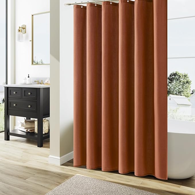 Terracotta Boho Linen Shower Curtain, Country Farmhouse Bath Decor Shower Curtains Neutral Cloth Weighted Textured Fabric Bath Curtain Liner with Hooks, 72x78