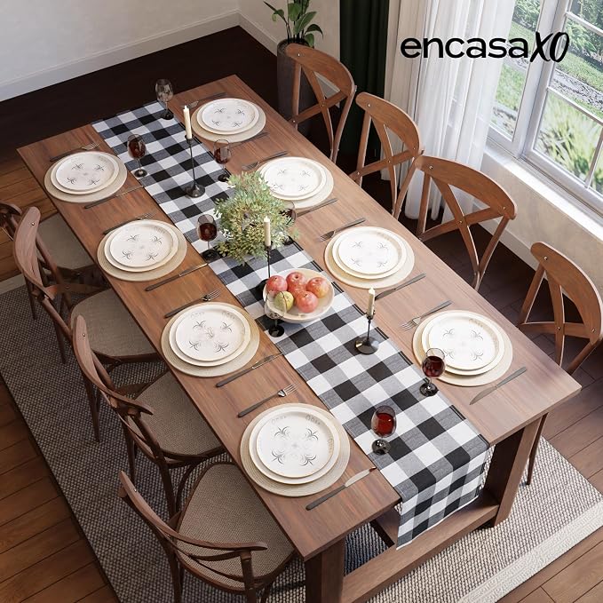 Encasa XO Cotton Dining Table Runner | Buffalo Black Checks | Size 13x72 in - Machine Washable & Durable