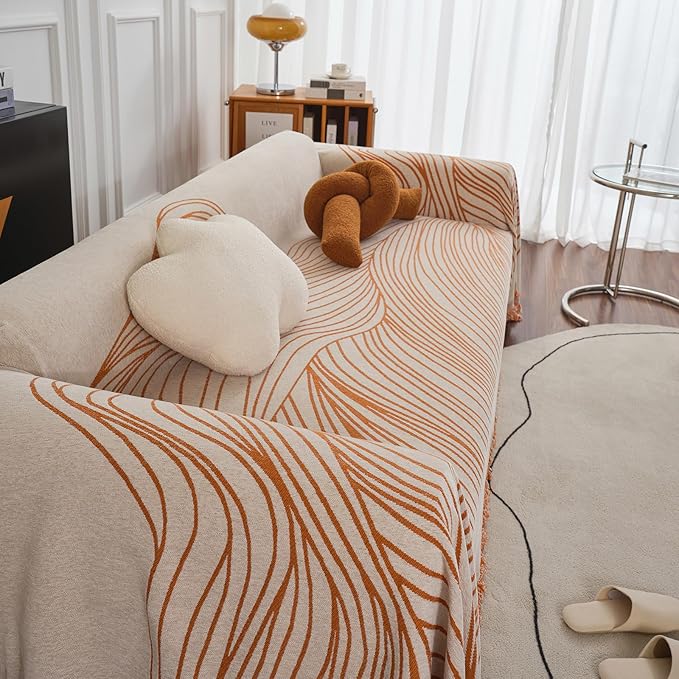 VClife Couch Cover Soft Chenille Sofa Cover Modern Minimalist Creamy Beige Couch Cover with Abstract Terracotta Line - Washable Non Slip Sofa Slipcover Reverse 2-Seaters Sofa Protector