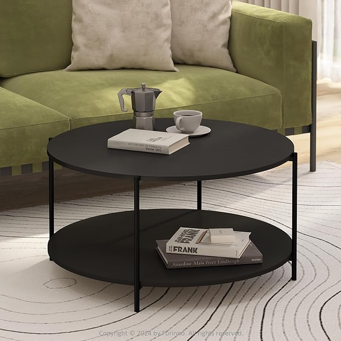 Furinno BESI Coffee Table, 2-Tier Round Modern Coffee Table with Metal Legs, Metal Frame Side Table with Open Shelf, for Living Room, Bedroom, Home Office, Americano