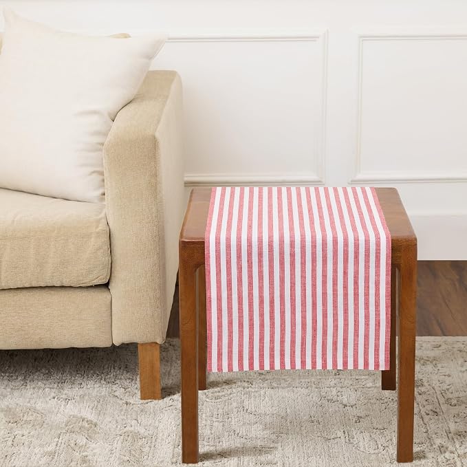 Solino Home Linen Table Runner 36 Inches - Amalfi Stripe 100% Pure Linen Red and White Farmhouse Table Runner 14 x 36 Inch Ideal for Dresser and Coffee Tables - Summer, 4th of July