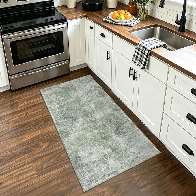 IOHOUZE Abstract Runner Rug 2x4 Ft Entryway Rugs Washable Door Mat Indoor Entrance, Rubber Backed Entryway Runners, Printed Faux Wool Non Slip Floor Carpet for Foyer Front Door Sink, Sage Green