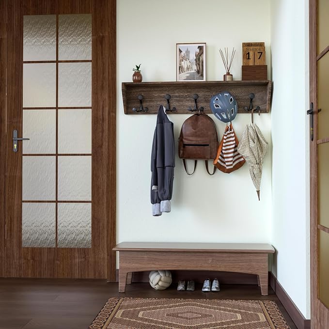 SKOLOO Wall Shelf with Hooks, 35-Inch Weathered Brown Wall Mounted Coat Rack with Shelf Organizer - Lightweight & Sturdy, 5 Tri Hooks - Perfect for Entryway, Hallway, Living Room, Bedroom, Mudroom
