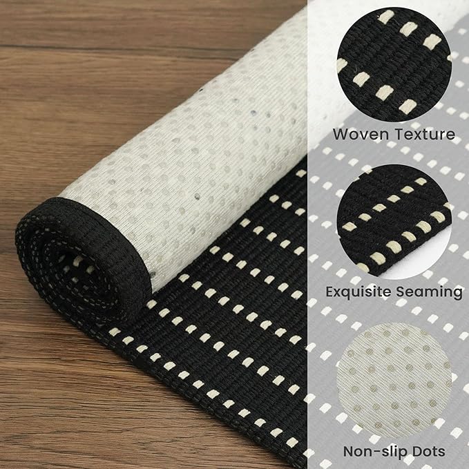 EARTHALL Small Area Rug 2x3 Ft Washable Rugs for Entryway Non Slip Braided Throw Rugs Door Mat Indoor Outdoor Entrance Cotton Woven Carpet for Kitchen Foyer Front Door, Black/Cream