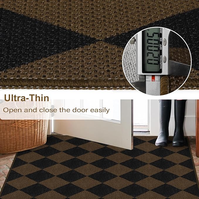 Rugalia Easy Jute Checkered Entryway Rug, 2.6x4 Coffee Modern Indoor Outdoor Doormat Non-Slip Washable Kitchen Rug, Neutral Farmhouse Diamond Throw Rugs for Entrance Bedroom Porch Patio