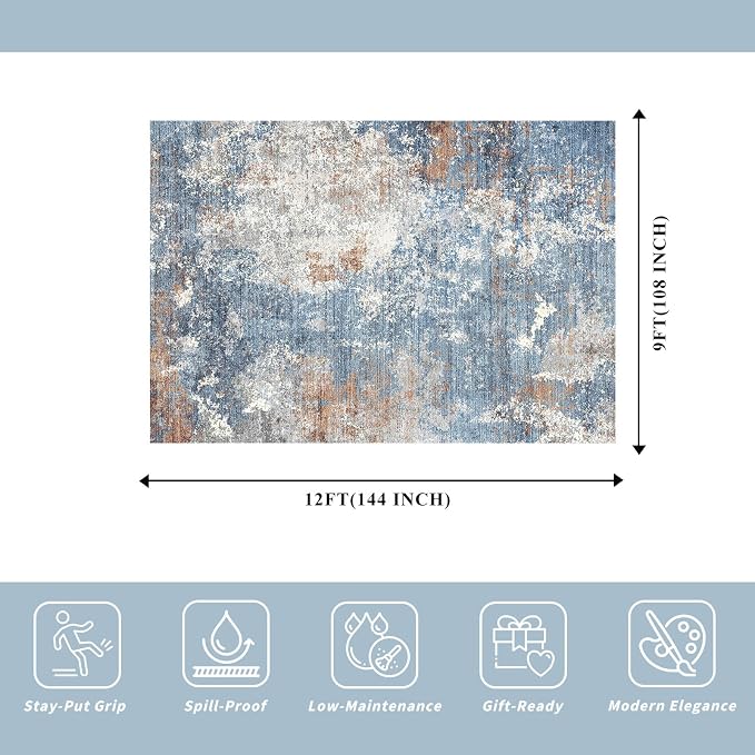 Washable Area Rug 9x12 Living Room – Neutral Modern Abstract Large Carpet for Bedroom Dining Room Office – Soft Non-Slip Low-Pile Thin Stain-Resistant Indoor Rugs （Blue Rust,9x12）