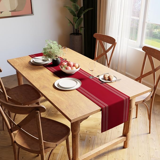 Encasa XO Dining Table Runner 13"x59" | Yarn Dyed Fine Ribbed Cotton | Ladder Red | Machine Washable