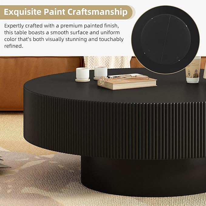 WILLIAMSPACE 31.5" Black Round Coffee Table with 6.8" Thick Tabletop & Sturdy Base, Modern Drum Center Table Circle Accent Side Table for Living Room, Minimalist Fluted Design, Black