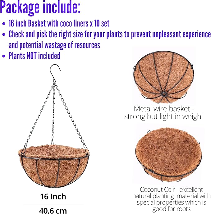 LaLaGreen Hanging Baskets for Plants Outdoor (10 Pack, 16 Inch) Extra Large Hanging Planter with Coco Liner, Round Metal Wire Flower Pot Holder Hanger Deck Porch Garden Balcony Natural Country Decor
