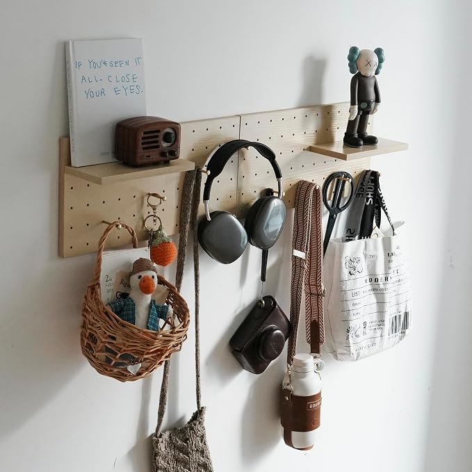 Pegboard Wall Organizer, 2 Pack Large Peg Board with Shelves & Brass Hooks, Modular DIY Storage Panel for Entryway, Craft Room - Heavy Duty Display Board for Hats, Keys—Birch Color Finish