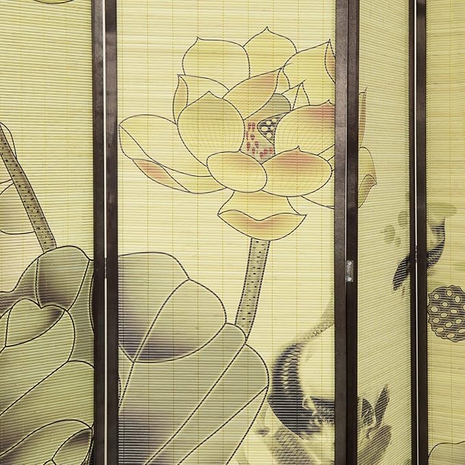 MyGift Decorative 6-Panel Folding Room Divider Bamboo Screen with Chinese Calligraphy Design, 6FT Freestanding Room Partitioner with Dark Brown Wood Frame 114.25''W x 70.75''H