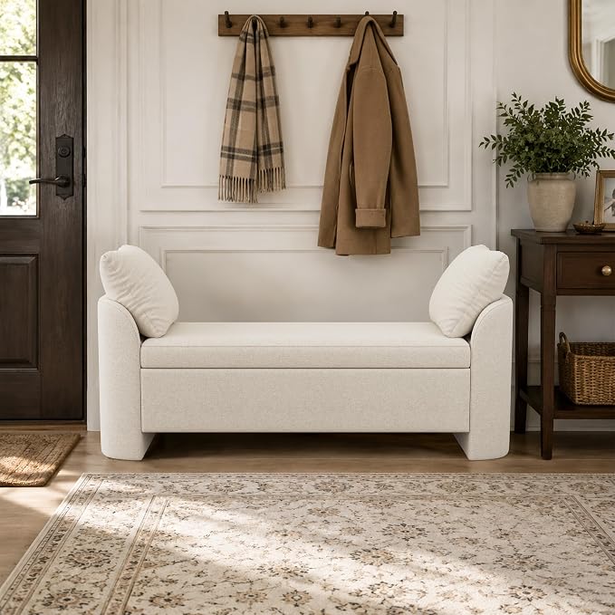 Usaint 58.3" Storage Ottoman Bench with Pillows, Upholstered End of Bed Bench with Arms, Footrest Stool Bench for Bedroom, Living, Window, Entryway and Hallway, Beige