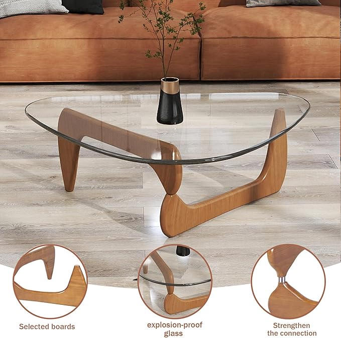 Coffee Table for Living Room &Small Space, 35.5″ Modern Glass Coffee Tables, Solid Wood Base, Triangle Tempered Glass Top, Curved Transitions, Funky Rustic Center Tables