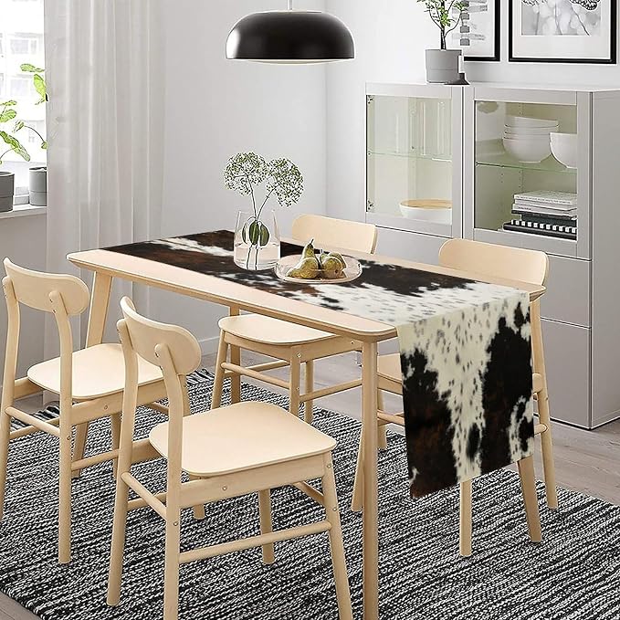 Cow Print Table Runner,Western Style Black Brown Cowhide Farmhouse Pattern Table Runner for Coffee Table Dining Room Table Bedroom Party Holiday Decor 13x36inch