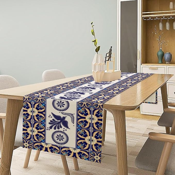YCness Floral Bird Mexican Table Runner, Blue Patchwork Tiles Kitchen Dining Table Decoration for Home Party Decor, 13x70 Inch