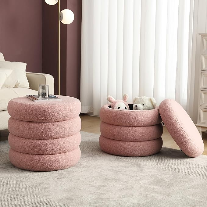 ONEVOG Sherpa Storage Ottoman, Foot Rest Stool Seat for Living Room, Pink Vanity Foot Pouf, Tufted Footstool with Removable Lid for Dorm, Bedroom